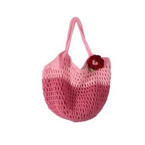 Vintage pink open knit crochet handbag tote purse